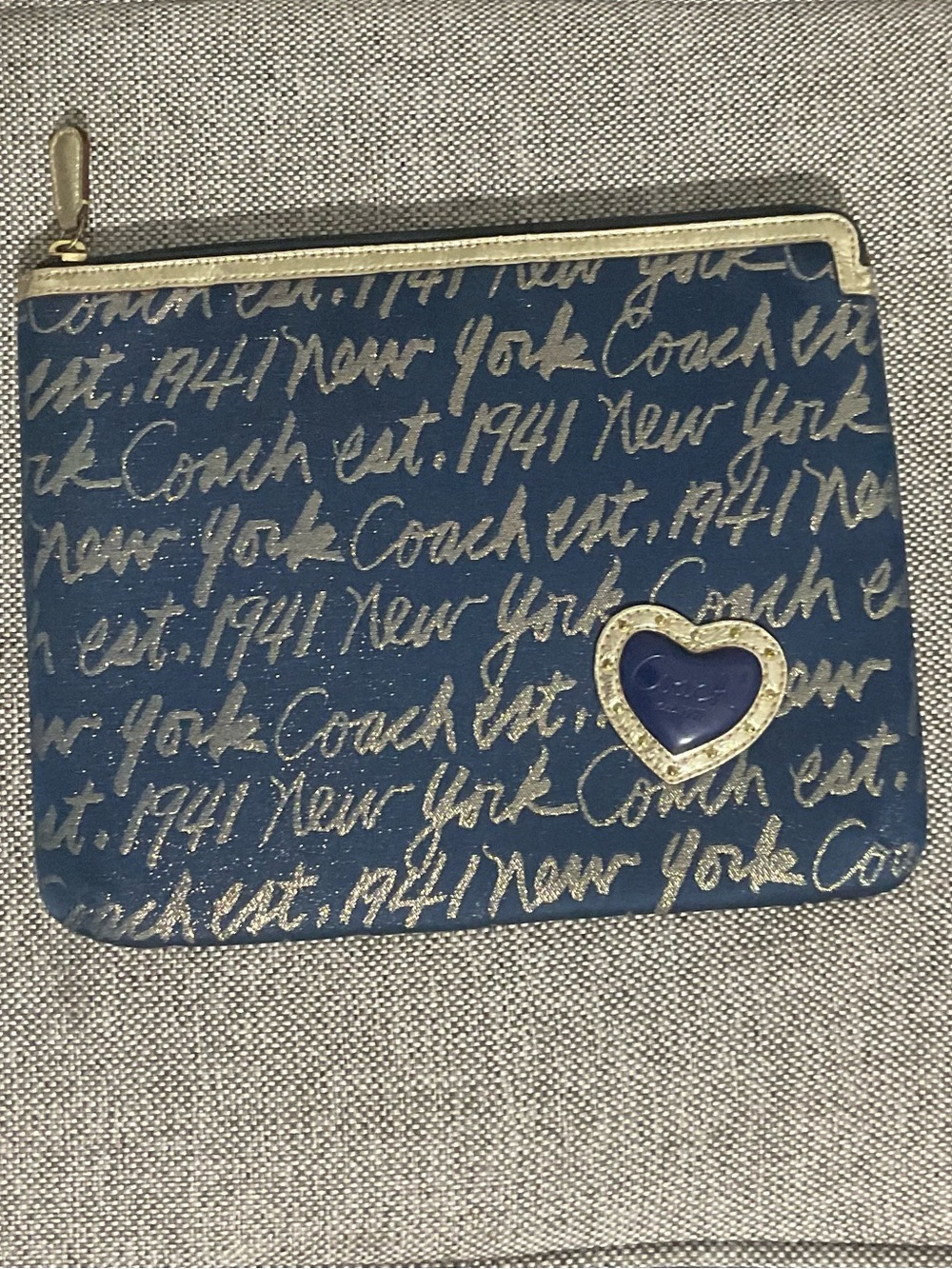 Coach Navy Script Heart Wristlet with Gold Trim